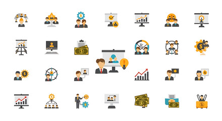 Illustrations of business and teamwork concepts with charts and people icons on a white background ai generated