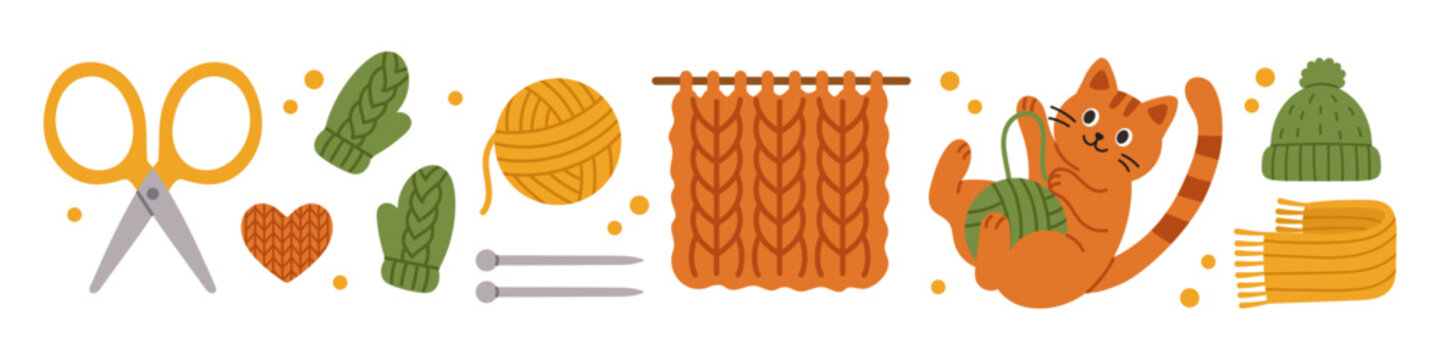 Vector adorable set of orange cat with yarn ball, mittens, scarf, and knitting details. Collection of cozy and warm design elements for handmade, winter, or hobby themed creative use.