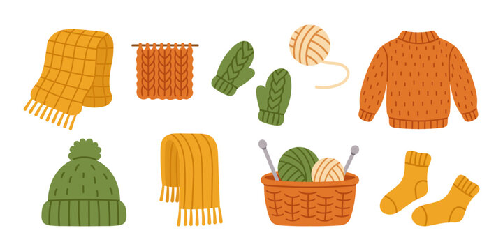 Vector set of cozy knitted items and yarn in flat style. Collection of scarves, sweater, socks, mittens, hat, yarn balls, and basket with knitting needles. Handmade wool winter clothing illustration.