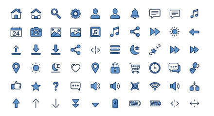 Array of blue line icons representing common user interface elements and website navigation symbols on a white background.