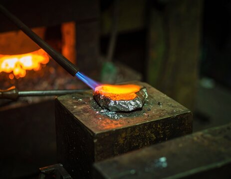 Melting metal with a blowtorch on a forge
