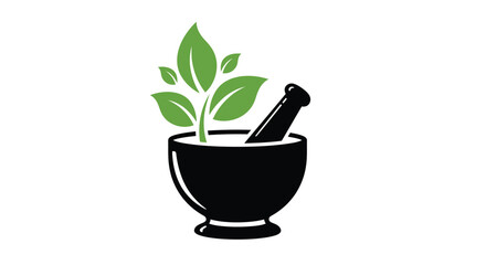 Obraz premium Mortar and Pestle with Green Leaves Symbolizing Herbal Medicine