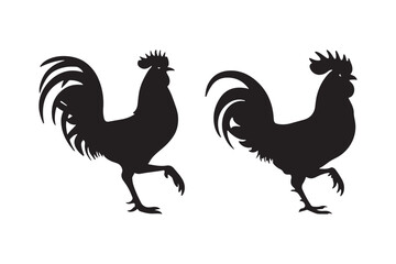 Two black rooster silhouettes in dynamic poses showing majestic feathers and distinctive comb