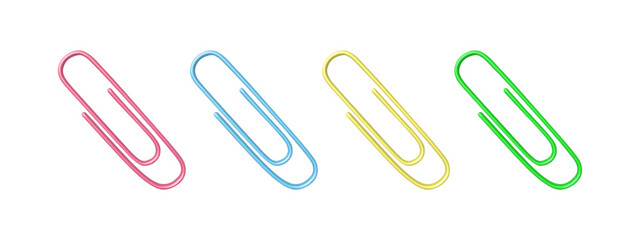 Set of 3D paperclip icons in multiple colors. School and office stationery elements in cartoon design. Isolated paper clips on white background. Vector.