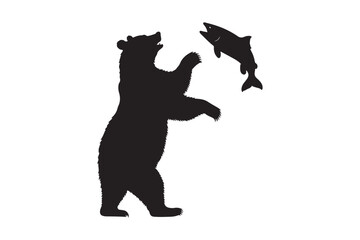Silhouette of a bear reaching up to catch a jumping salmon in a dynamic wildlife scene