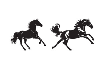 Dynamic silhouette of two galloping horses capturing freedom and movement in black and white