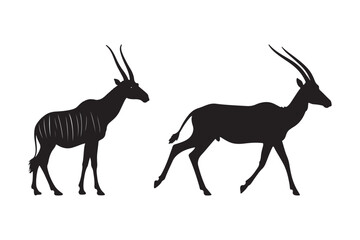Two elegant antelope silhouettes with long curved horns detailed outline design art
