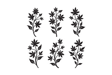 Naklejka premium Six detailed black silhouette botanical floral sprigs with delicate leaves and blossoms artistically arranged