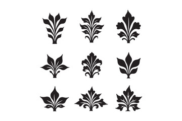 Nine elegant black floral decorative elements with intricate leaf designs for sophisticated design applications