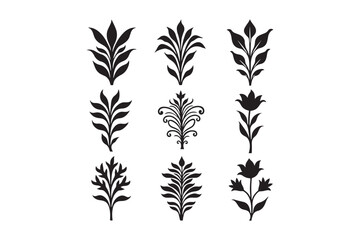 Collection of black botanical silhouettes elegant floral ornaments for decorative design and crafts