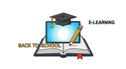 Illustration of e learning setup with book laptop pencil and graduation cap on a white backdrop ai generated