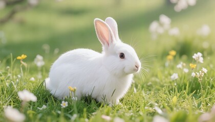 White rabbit sitting on green grass among blooming flowers  