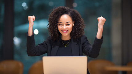 businesswoman cheering after product sale alert