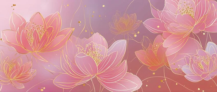 Abstract background with lotus flowers, pastel pink and gold colors, linear pattern, vector illustration, simple lines, delicate lines, delicate curves Generative AI