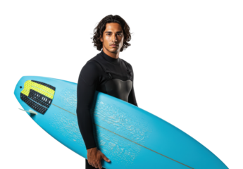 Surfing action beach individual portrait tropical environment up-close adventure concept. Cut out PNG