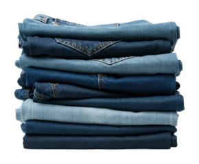 Stacked denim jeans fashion retail store product indoor setting style & trend. Cut out PNG