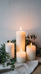 Serene burning candles with eucalyptus sprigs on linen, minimalist spa ambiance, warm light.