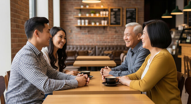 Young couple meeting parents in a cozy café, smiling and enjoying coffee together in a warm family atmosphere. - Powered by Adobe