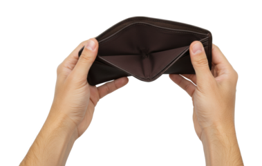 Empty wallet display personal finance digital content indoor setting financial struggles. Cut out PNG