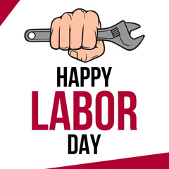 Celebrate Happy Labor Day with a powerful message of hard work and dedication, showcasing a strong hand holding a wrench symbolizing the spirit of American workers and industry