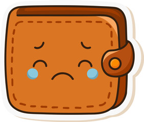 Cartoon wallet with tears and sad face. Kawaii finance and debt concept vector illustration.