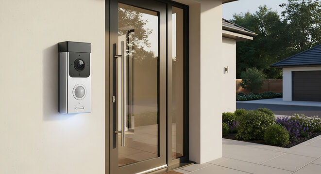 Silver video doorbell installed next to a modern glass door on a white exterior wall of a house ai generated