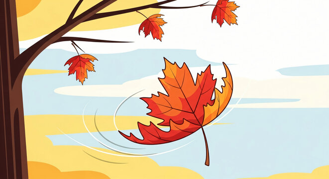 Vibrant autumn leaves swirling gracefully in the breeze against a serene background of a sunset sky - Powered by Adobe