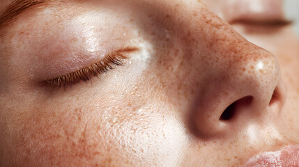 Young woman with closed eye concept. Close up face part of caucasian girl. Skincare hydration and natural beauty.