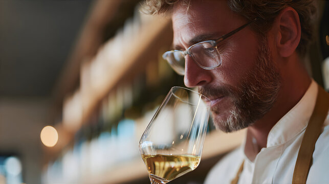Man smelling white wine. Sommelier tasting drink. Wine tasting experience and expertise. Professional analysis of aroma and quality. - Powered by Adobe