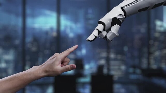 A human hand reaches toward a robot hand, symbolizing collaboration between humans and artificial intelligence in a futuristic digital environment, showcasing innovation and technology. Auvana