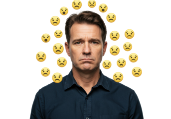 Understanding emotional struggles a man's expression of sadness amidst digital emojis online context. Cut out PNG