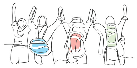 hand drawn line art vector of a group of middle aged people hiking. Travel buddies. Hospice care