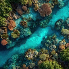 Top-down view of reef with coral, trees, clear water & shallow streams, natural scene