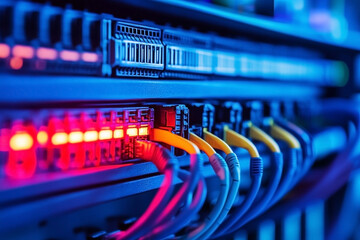 Illuminated Server Rack with High-Speed Data Cables for Network Infrastructure