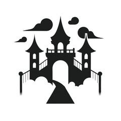 Eerie haunted bridge with atmospheric fog line art illustration