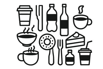 A set of line design style icons featuring food at home and in cafes, including a kettle with tea, chocolate, macarons, boiling pot, table for two, beer, muffins, and breakfast with croissant and