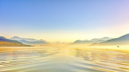 Fototapeta premium A serene lake scene bathed in soft, golden sunlight, with tranquil water reflecting the hazy mountain range.