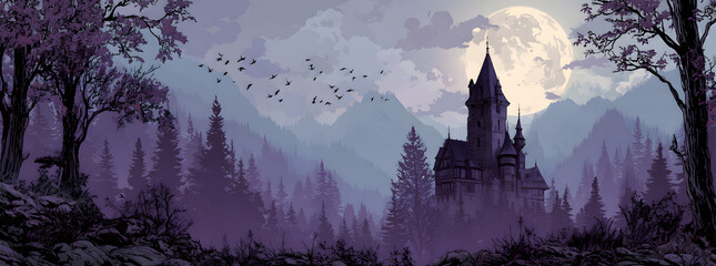 Dark Halloween landscape with a haunted castle and bats in the sky at full moon at night. Halloween wallpaper background illustration in purple and black.