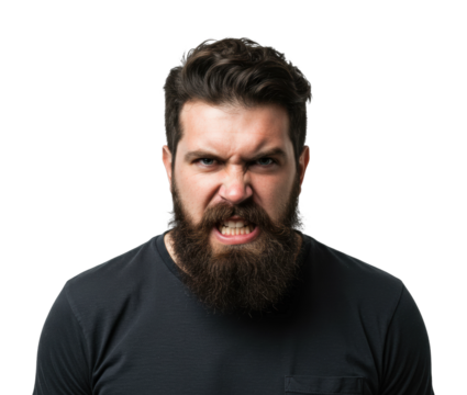 Angry man expressing emotion studio setting portrait intense atmosphere psychological concept. Cut out PNG