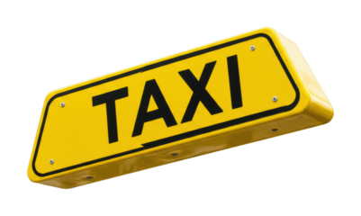 Taxi sign displaying transportation service urban environment bright yellow color side concept of mobility. Cut out PNG