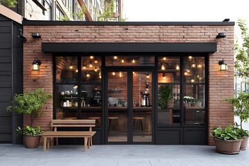 Cozy small coffee shop exterior with rustic brick facade and warm lighting