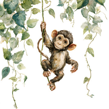 Watercolor Monkey Swinging on Vine - Jungle Animal Illustration for Kids, Nursery Decor, and Tropical Themes (Isolated on White)