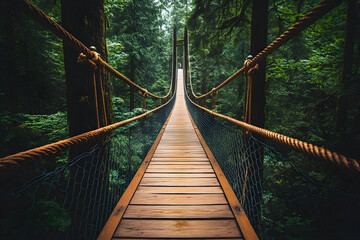 Serene forest canopy walkway with wooden pathway and safety railings