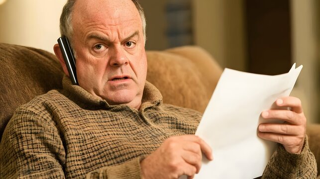 Worried Senior Man Reading Documents on Phone Call - Powered by Adobe