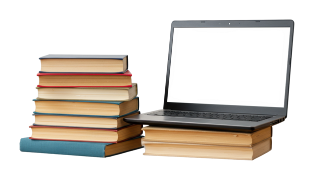 Organizing a study space books and laptop setup for productive learning at home. Cut out PNG