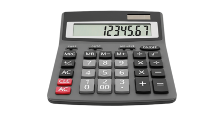 A close up shot of a gray calculator displaying the number one hundred twenty three thousand four hundred fifty six