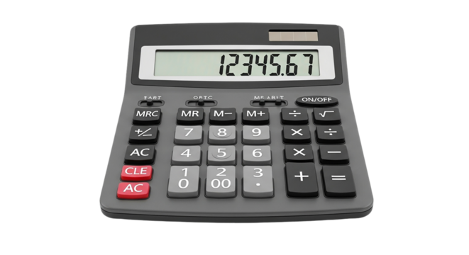 A close up shot of a gray calculator displaying the number one hundred twenty three thousand four hundred fifty six