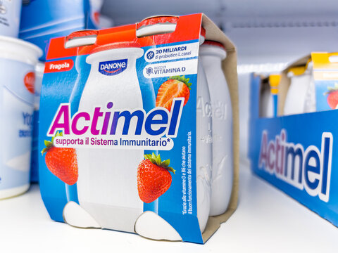 Italy - August 22, 2025. Package of Actimel probiotic yogurt produced by the French company Danone. Drink containing Lactobacillus casei and vitamin D.