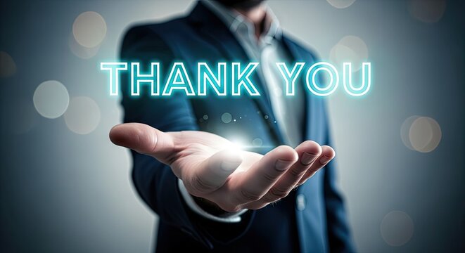 Glowing thank you message held in open palm text blue