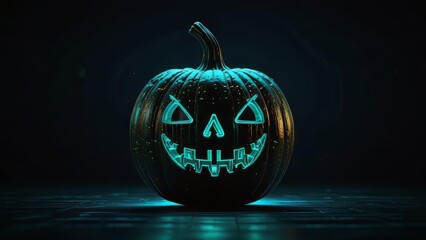 Halloween futuristic glowing pumpkin in cyber circuit style